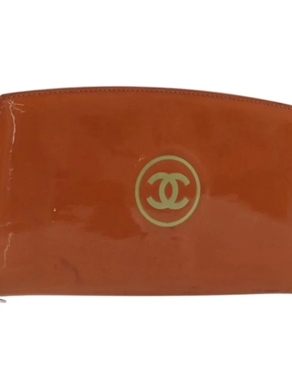 CHANEL Long Wallet Patent leather Orange Silver CC Auth bs34871